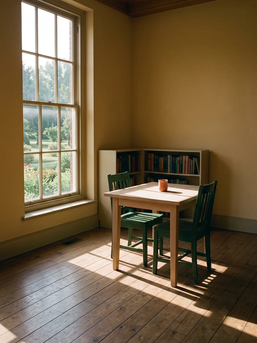 A study corner at PHLOEM Learning at nine in the morning, with hard low sunlight throwing long bars across the floor
