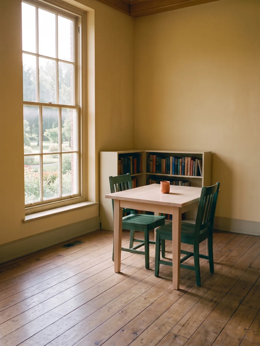 The same study corner at ten past twelve, with flat overhead light and almost no shadow