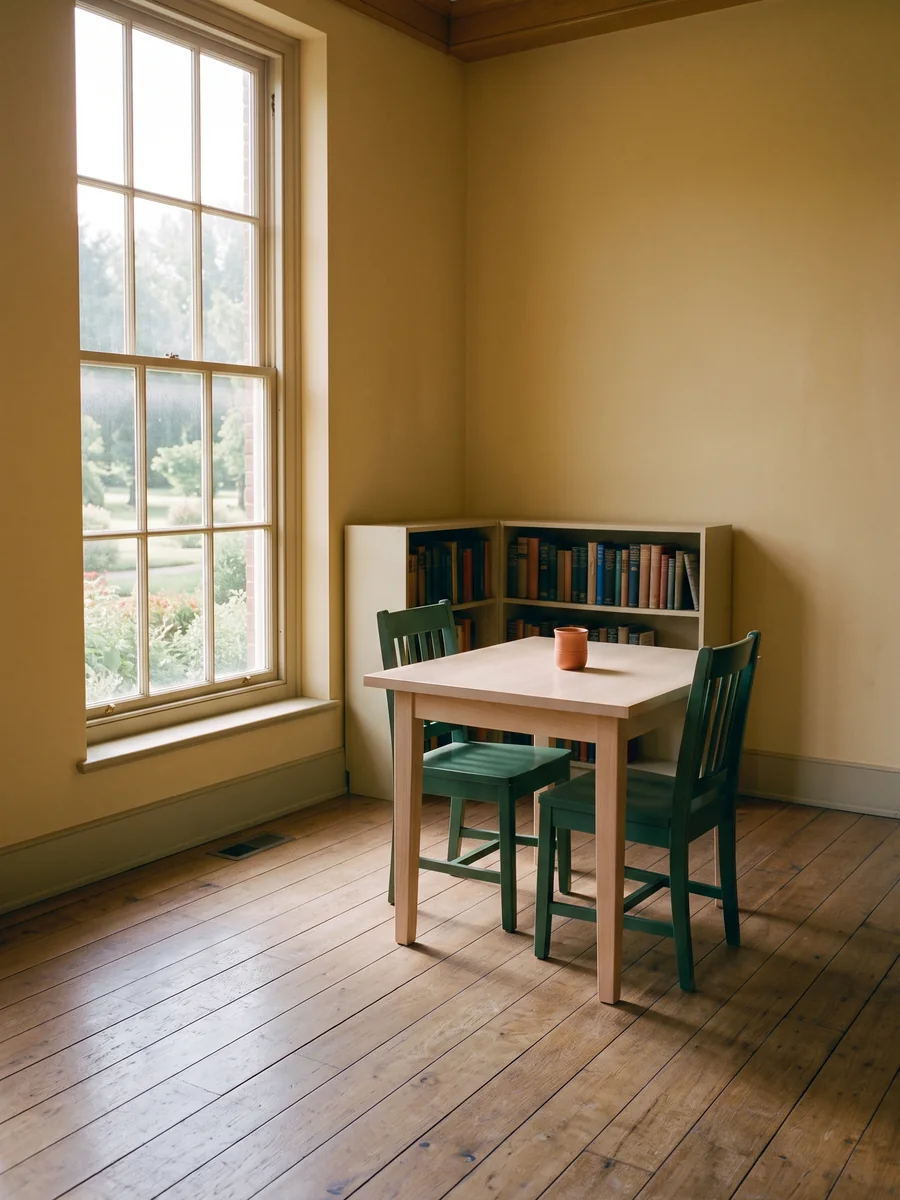 The same study corner at ten past three in the afternoon, with warm low light returning across the floor