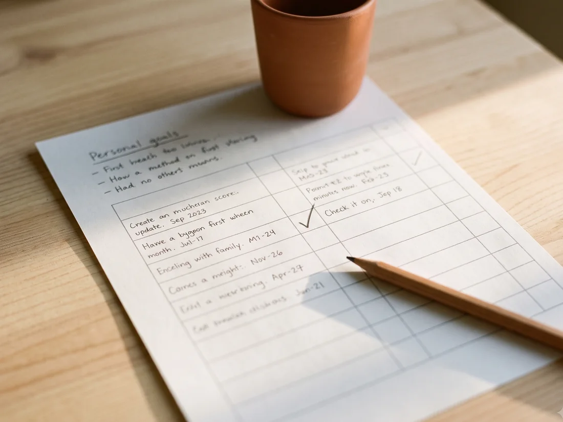 A learning plan on a wooden table, written by hand with goals ruled into a grid and one line already ticked