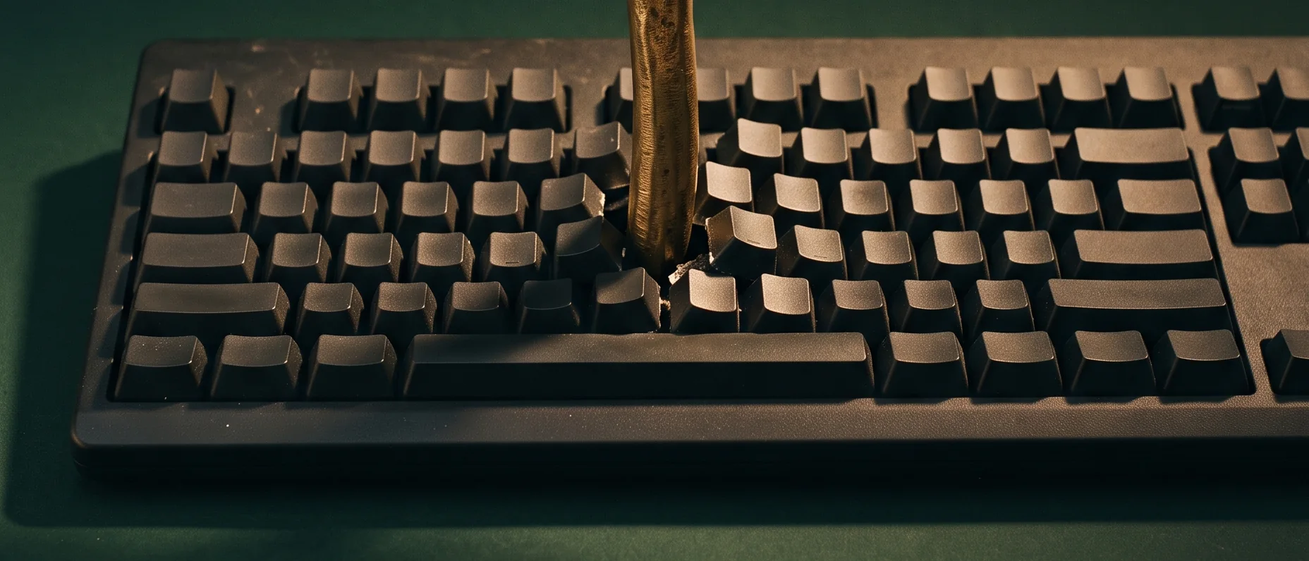 Close view of a brass stem pushing up between broken keyboard keys, lit warm against a dark green ground