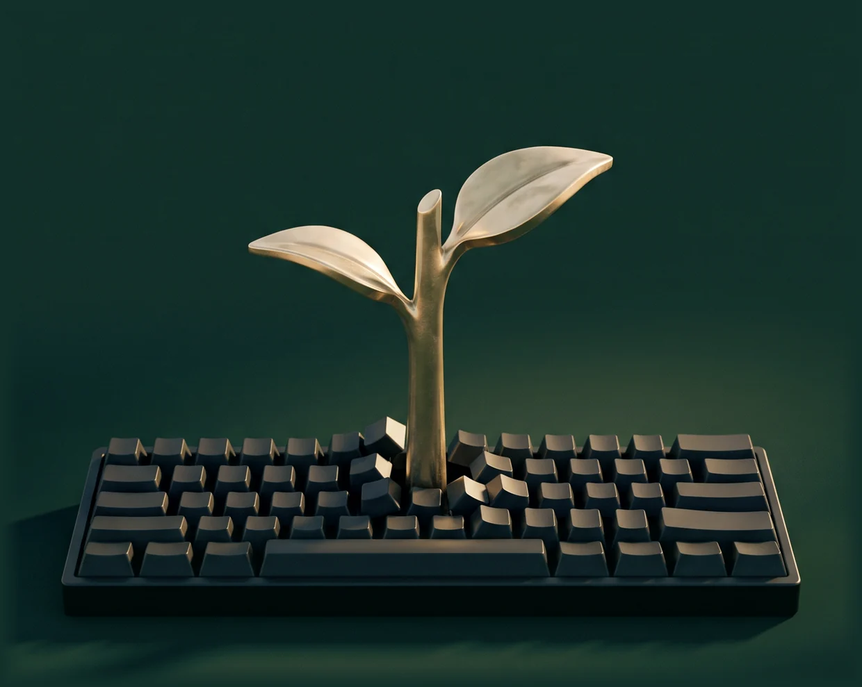 A cast brass seedling breaking upward through the keys of a blank keyboard