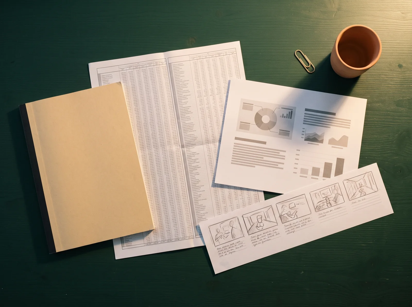 Finished student work laid out on a dark green table: a bound report, a printed spreadsheet, a slide of charts and a hand-drawn storyboard strip