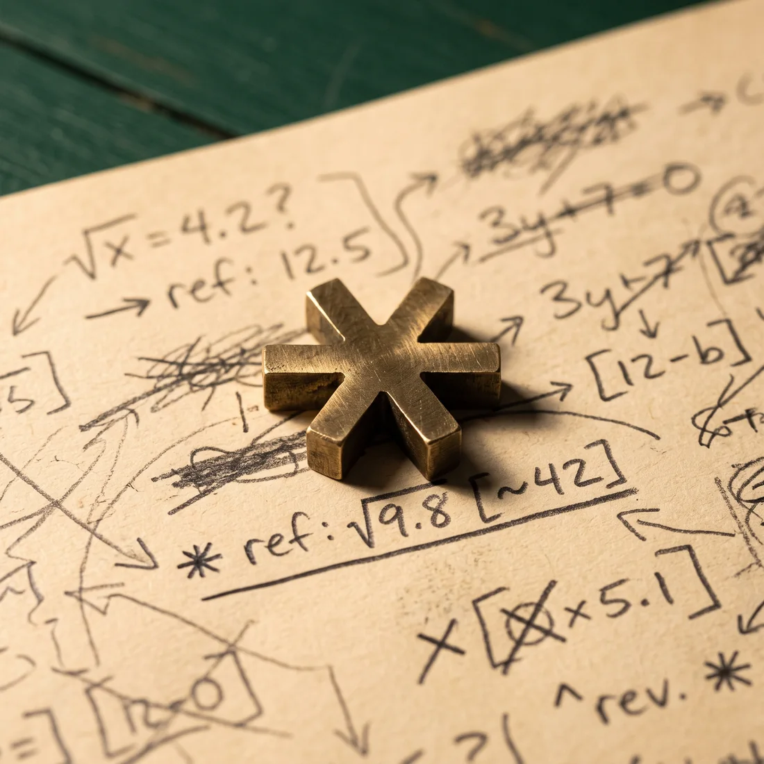 A small solid brass six-point spark resting on a page of handwritten working notes covered in arrows and crossings-out