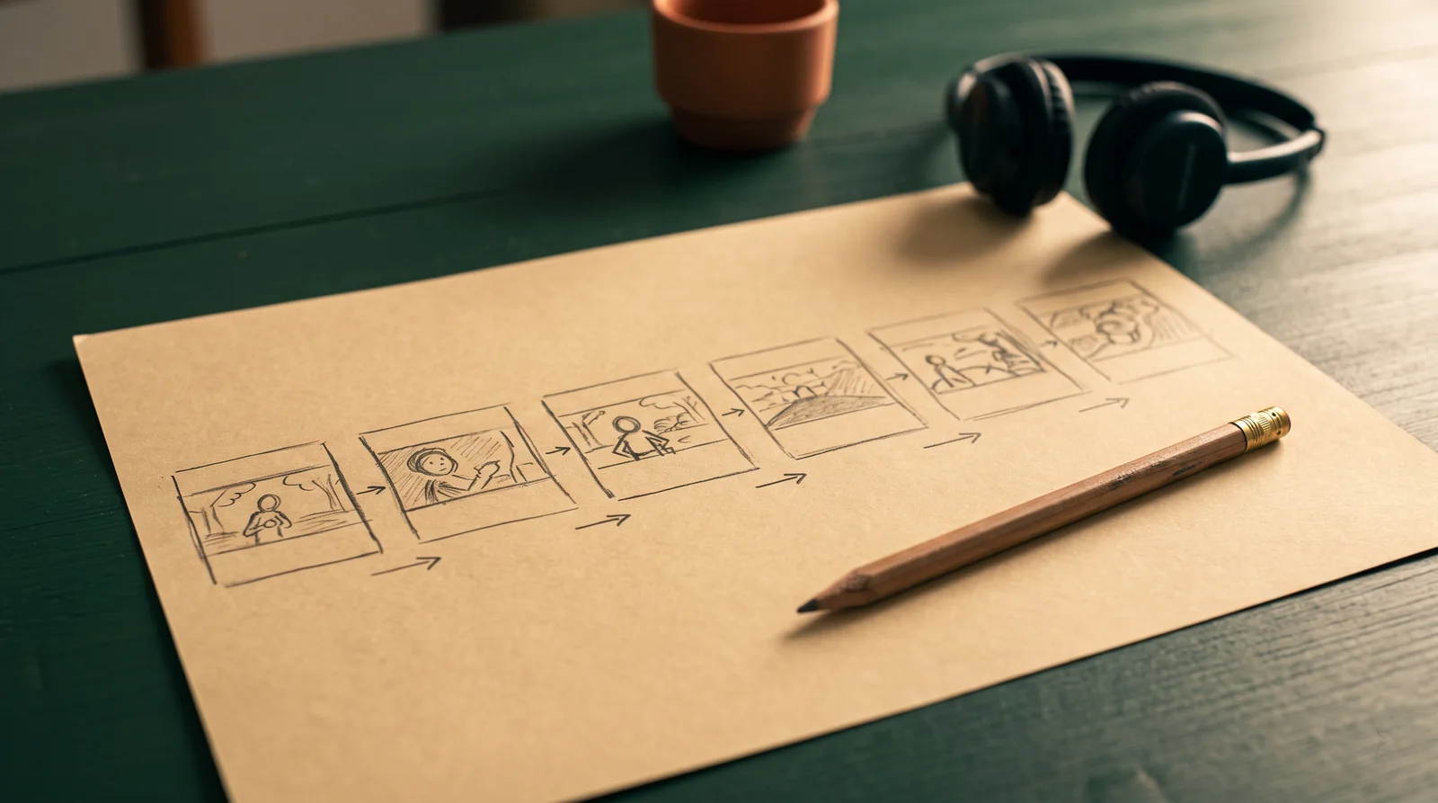 A hand-drawn storyboard of six pencil frames on manila paper, planning the order of cuts before a video is edited