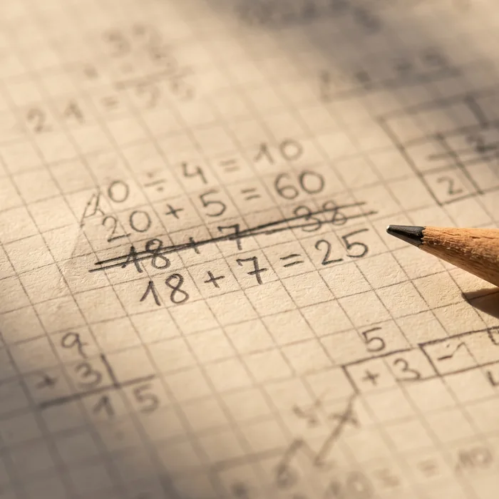 Squared exercise-book paper with pencil arithmetic, one line crossed out and rewritten correctly on the line beneath