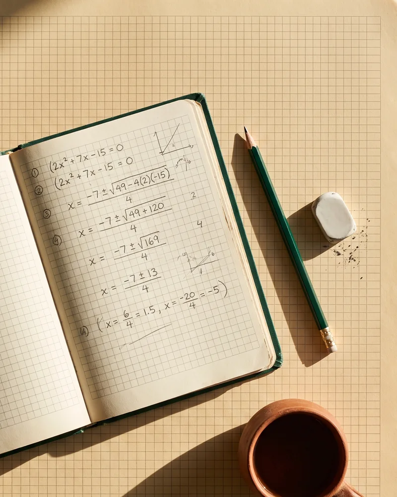 One exercise book open on squared paper, a quadratic equation worked through in pencil, beside one pencil, an eraser and a terracotta cup