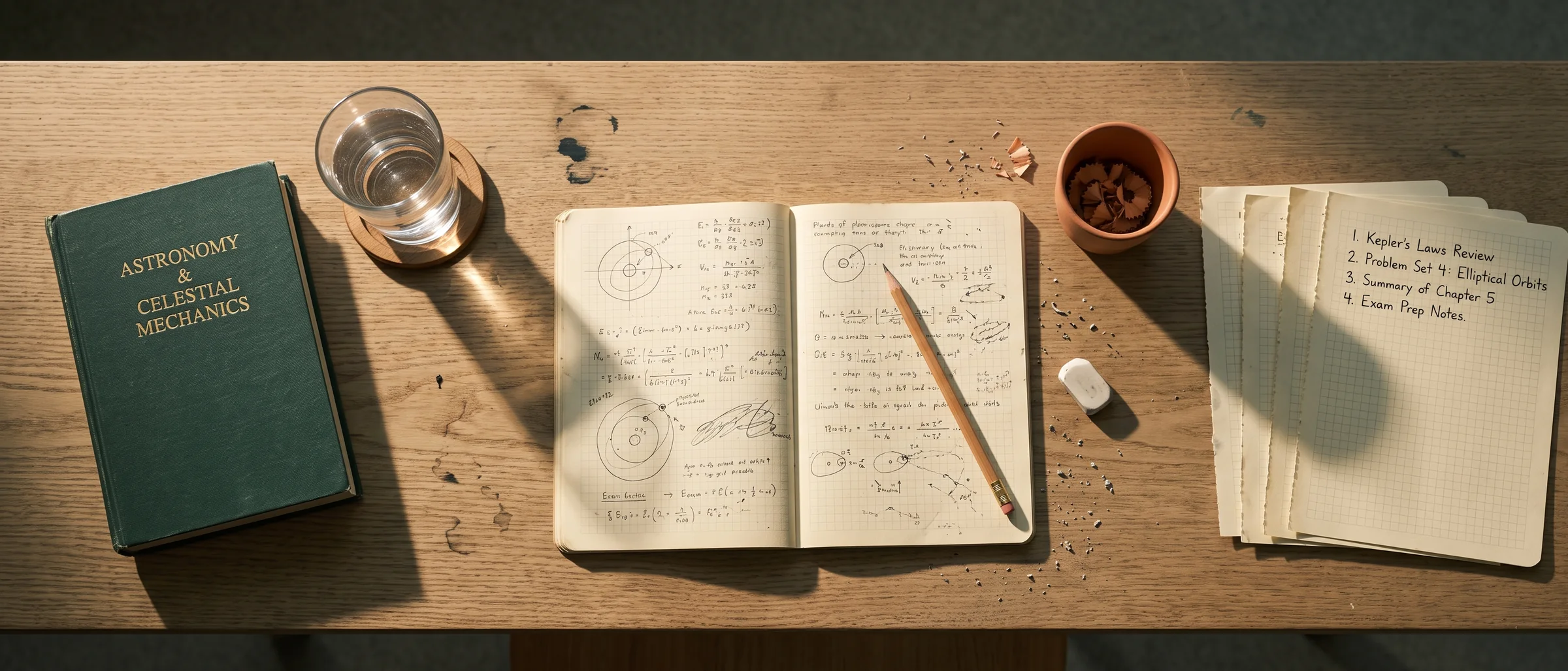 A study desk photographed from above after a tuition session: a physics textbook, an open notebook of worked problems, pencil shavings and a written revision list