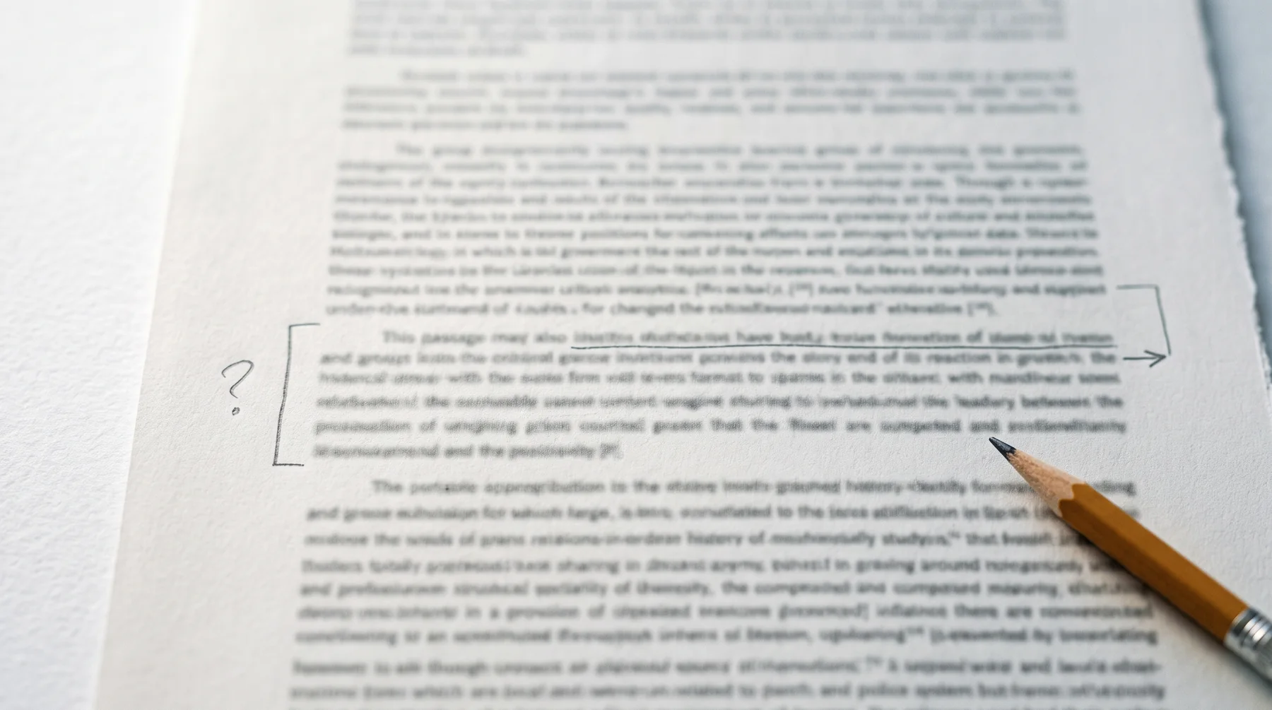 A page of a thesis marked in pencil by a reader, with a bracket down the margin, a question mark and one line underlined