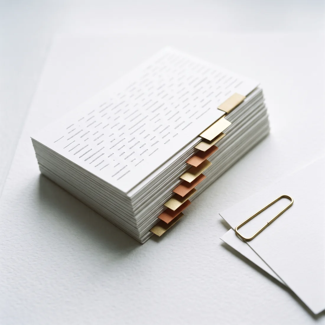 A squared-up stack of reference cards tabbed in brass and terracotta, held with a brass clip on a white surface