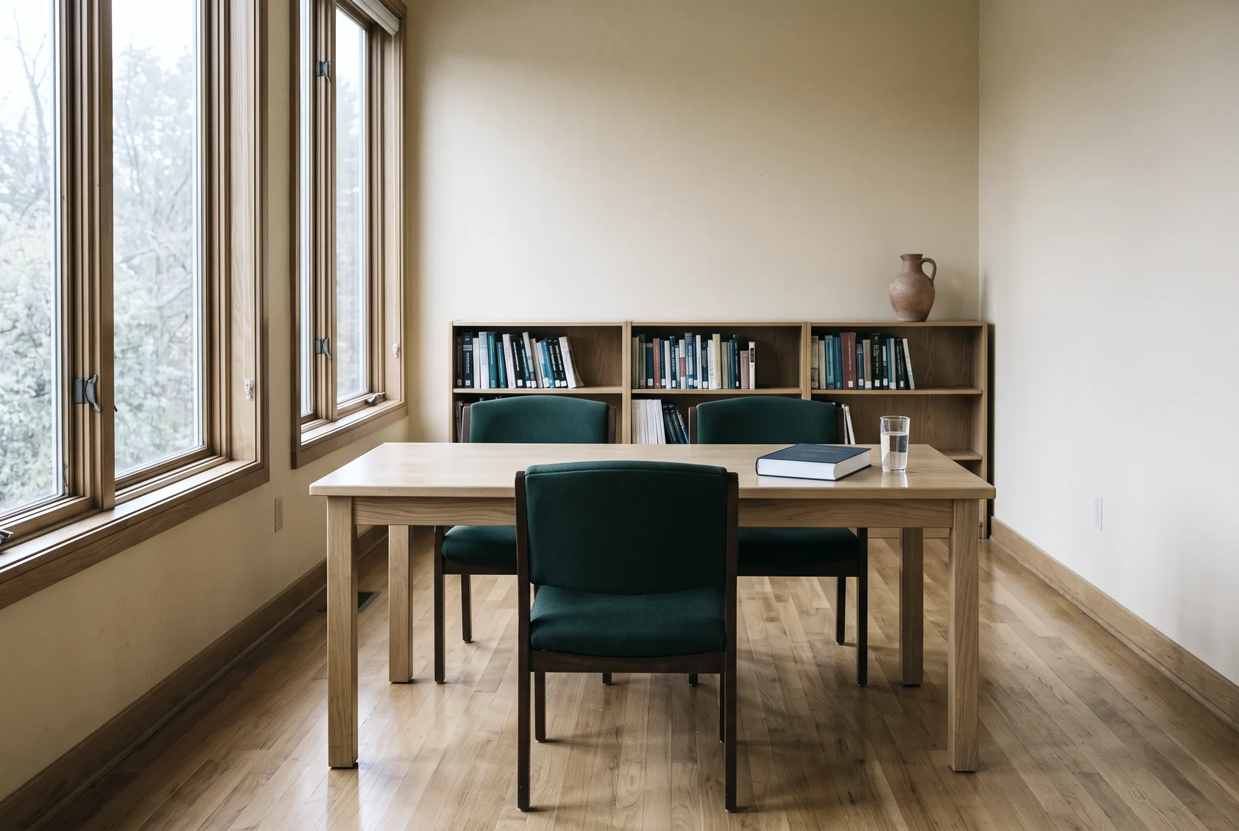 A quiet room set for a viva: one table, three chairs, a closed bound thesis and a glass of water, with daylight from tall windows